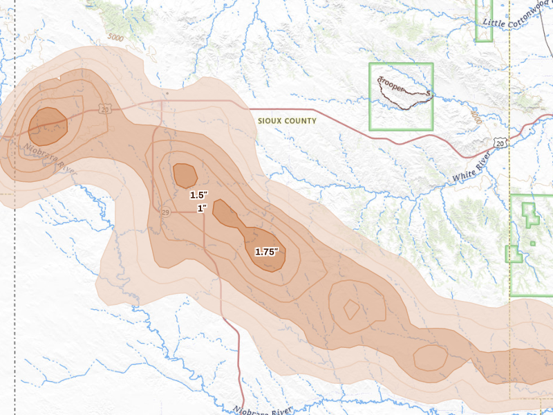 Radar-estimated hail-size map of the storm over Harrison, NE