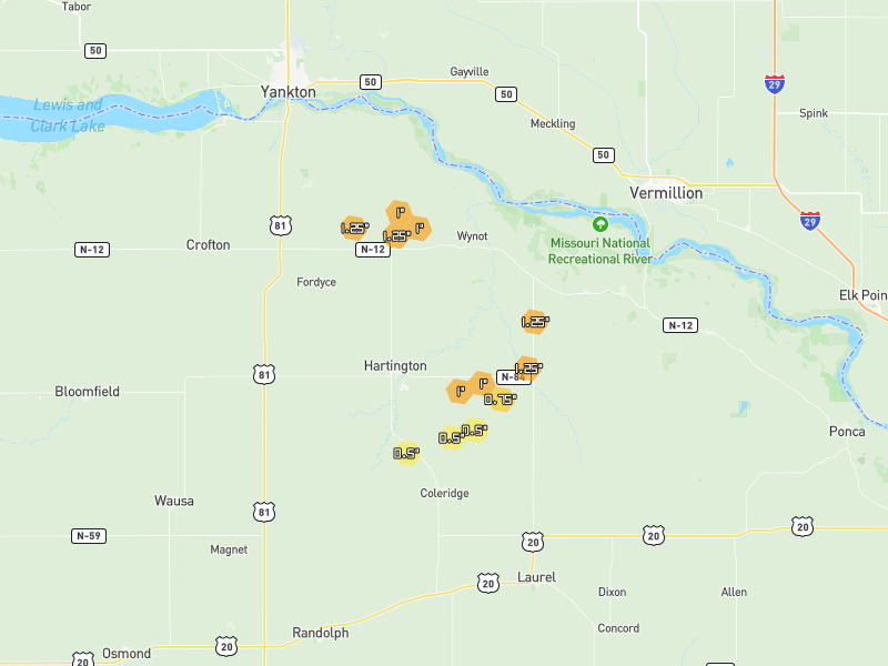 Hail map of Hartington, NE on Jun 30, 2026, hail up to 1.25"
