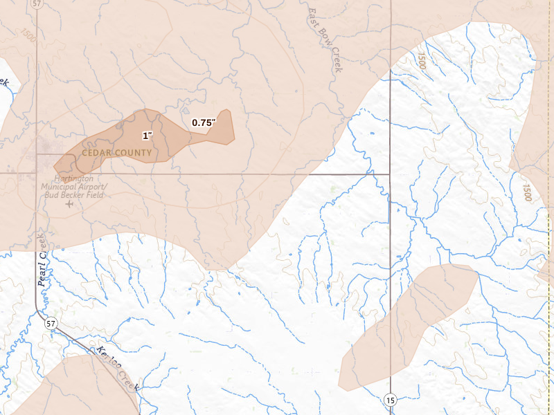 Radar-estimated hail-size map of the storm over Hartington, NE on Jul 2, 2026