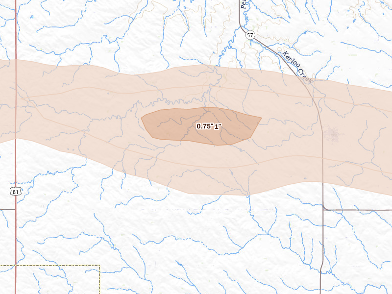 Radar-estimated hail-size map of the storm over Hartington, NE on Aug 11, 2026