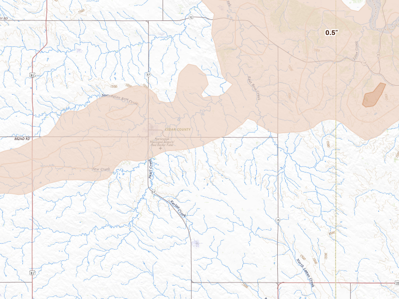 Radar-estimated hail-size map of the storm over Hartington, NE on Sep 11, 2026