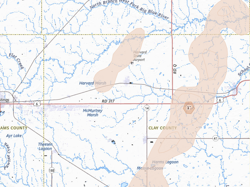 Radar-estimated hail-size map of the storm over Harvard, NE on May 17, 2026