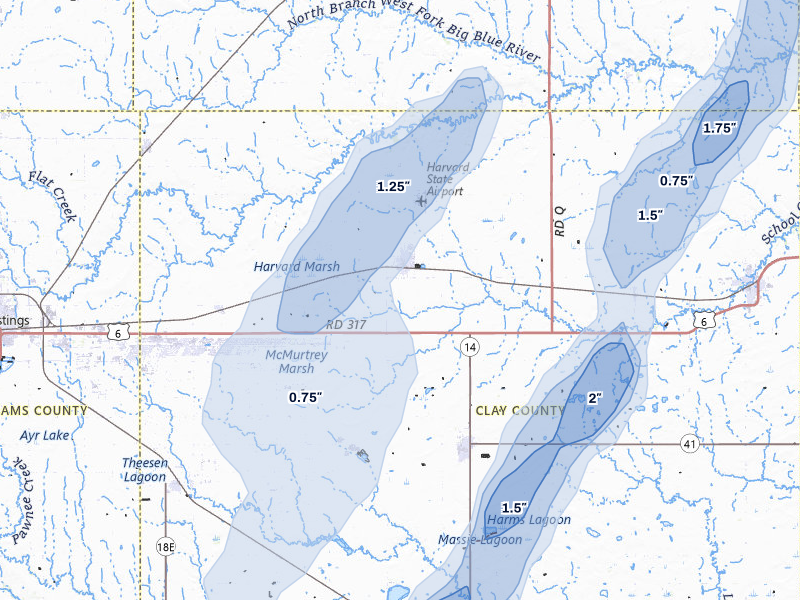 NEXRAD radar-signature map of the hail storm over Harvard, NE on May 17, 2026