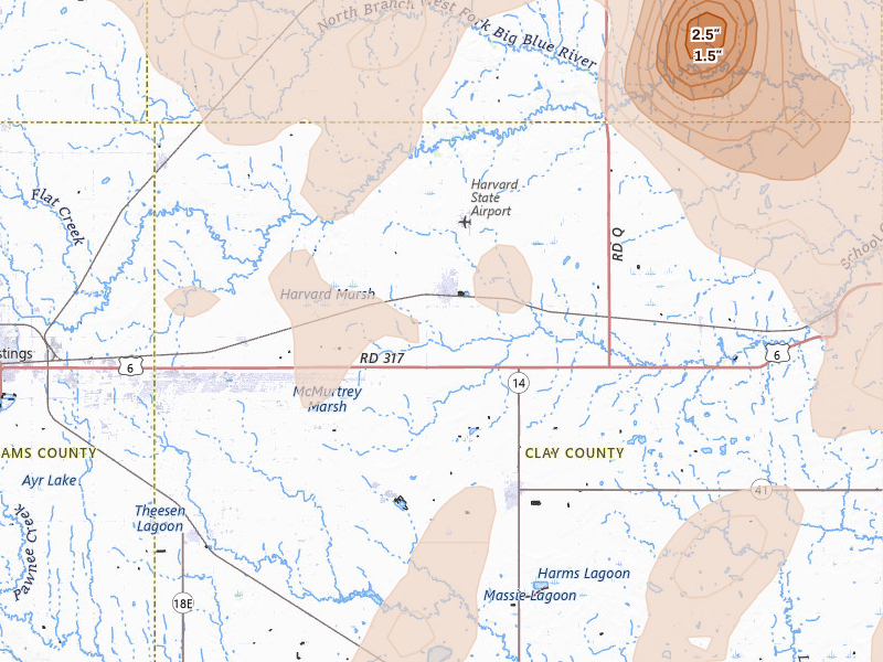 Radar-estimated hail-size map of the storm over Harvard, NE on Jun 5, 2026