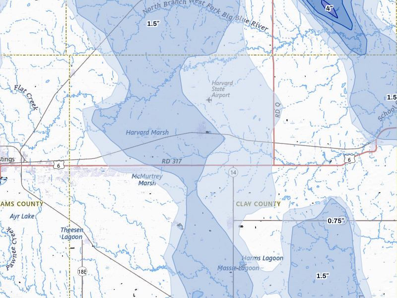 NEXRAD radar-signature map of the hail storm over Harvard, NE on Jun 5, 2026
