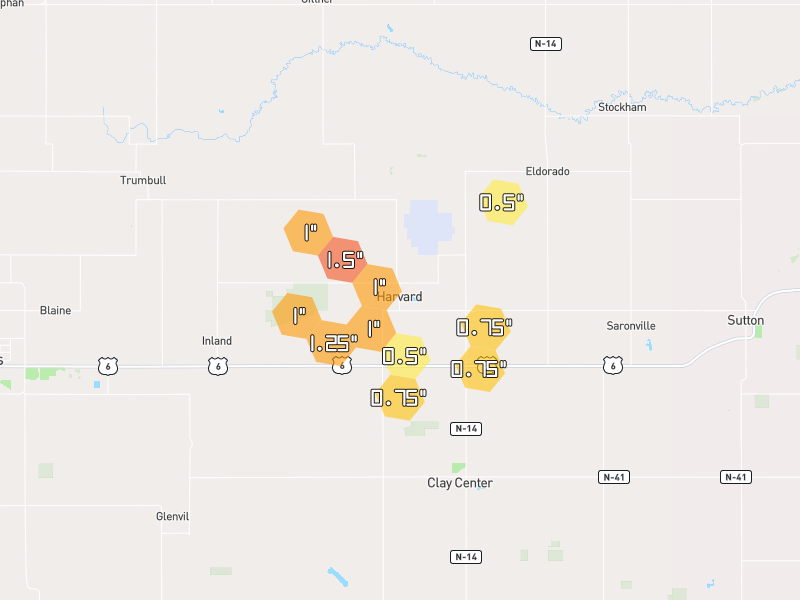 Hail map of Harvard, NE on Jun 6, 2026, hail up to 1.5"