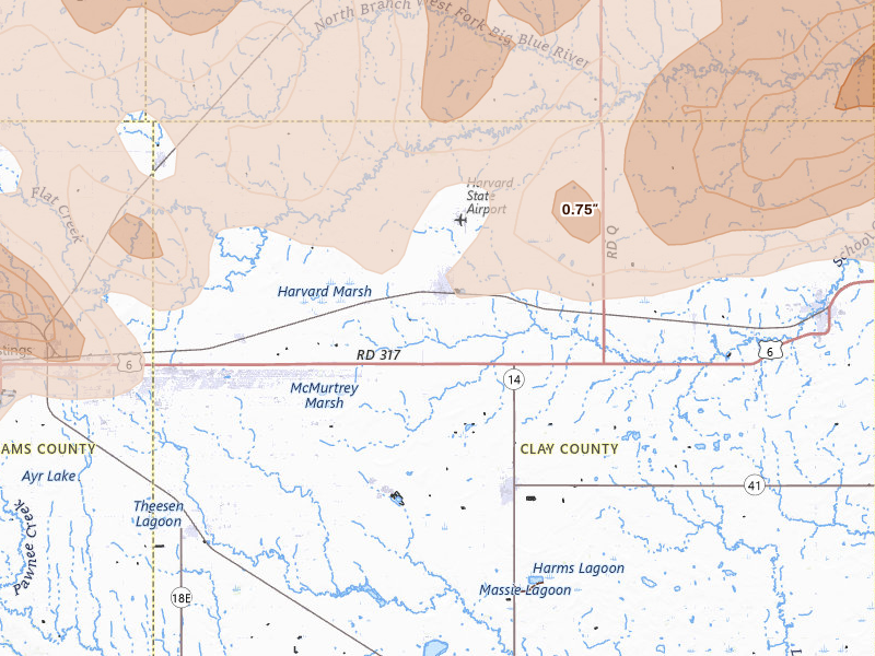 Radar-estimated hail-size map of the storm over Harvard, NE on Jun 10, 2026