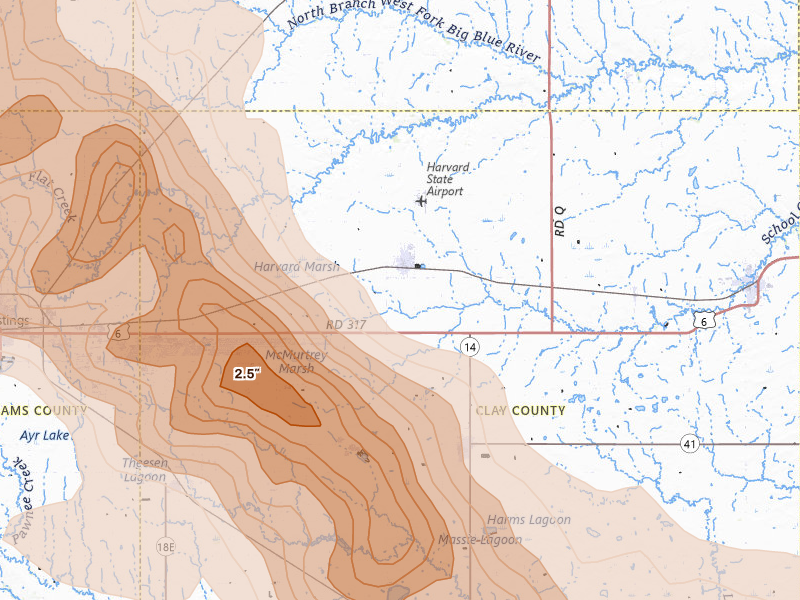 Radar-estimated hail-size map of the storm over Harvard, NE on Jun 20, 2026