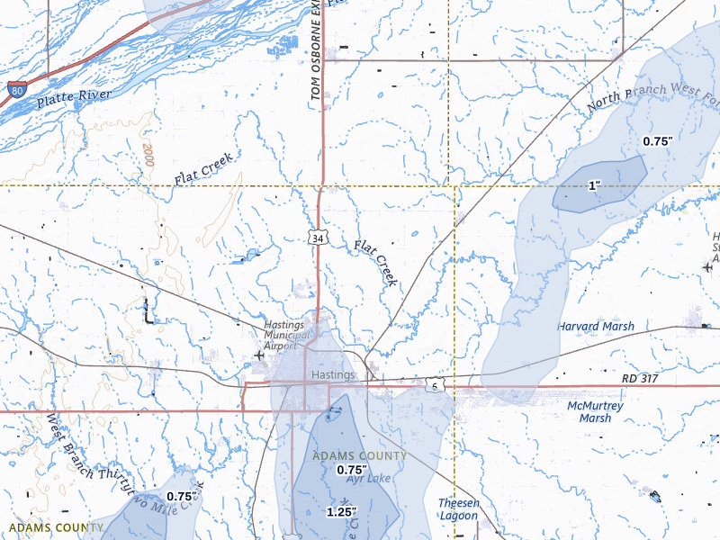 NEXRAD radar-signature map of the hail storm over Hastings, NE on May 16, 2026