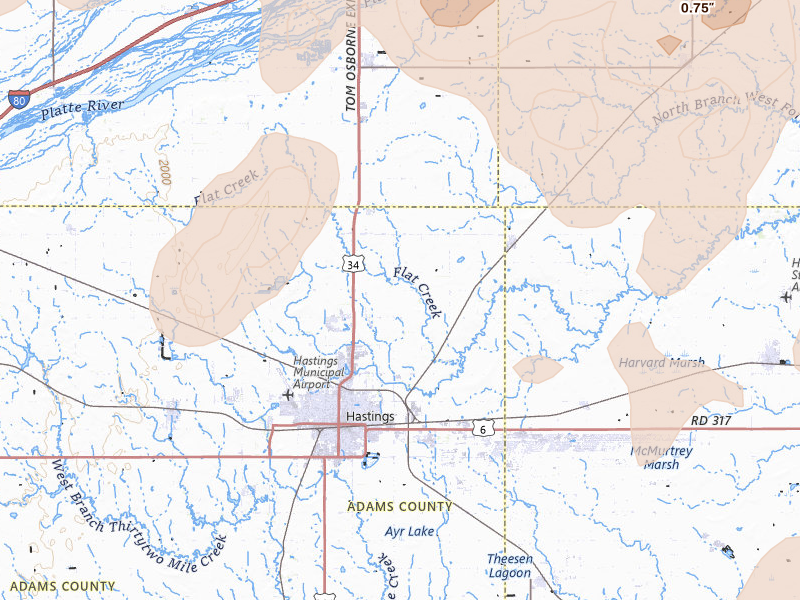 Radar-estimated hail-size map of the storm over Hastings, NE on Jun 5, 2026