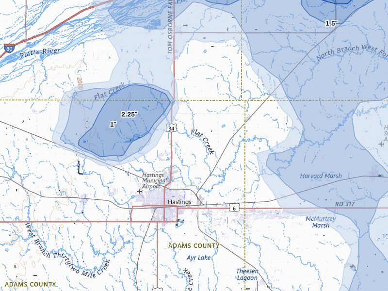 NEXRAD radar-signature map of the hail storm over Hastings, NE on Jun 5, 2026