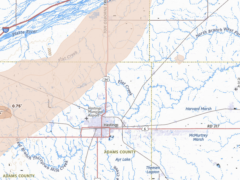 Radar-estimated hail-size map of the storm over Hastings, NE on Jun 9, 2026