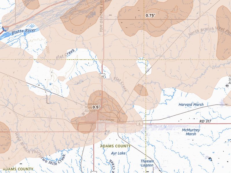 Radar-estimated hail-size map of the storm over Hastings, NE on Jun 10, 2026