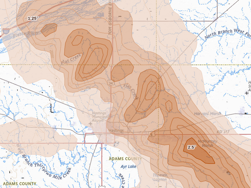Radar-estimated hail-size map of the storm over Hastings, NE on Jun 20, 2026