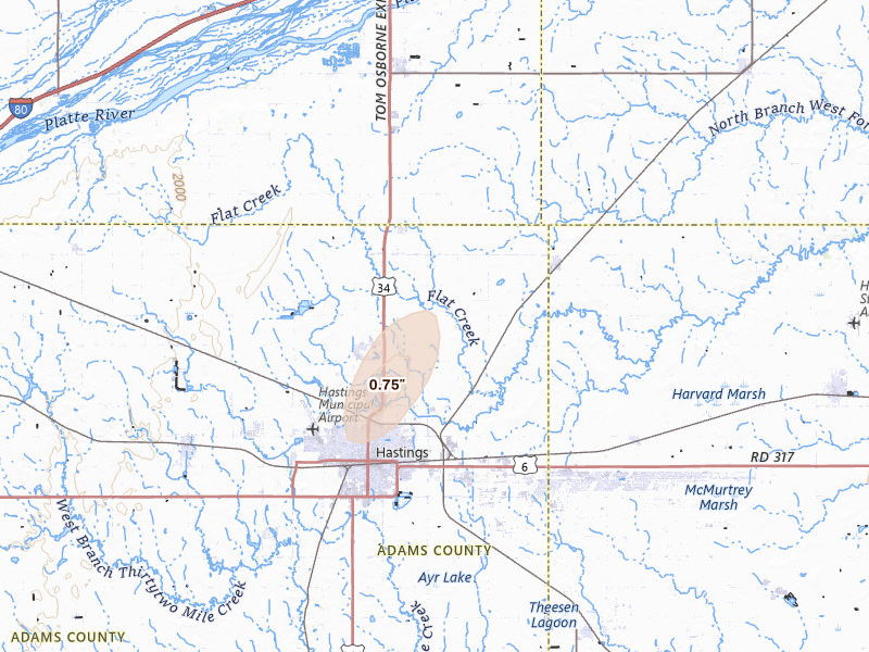 Radar-estimated hail-size map of the storm over Hastings, NE on Jul 1, 2026