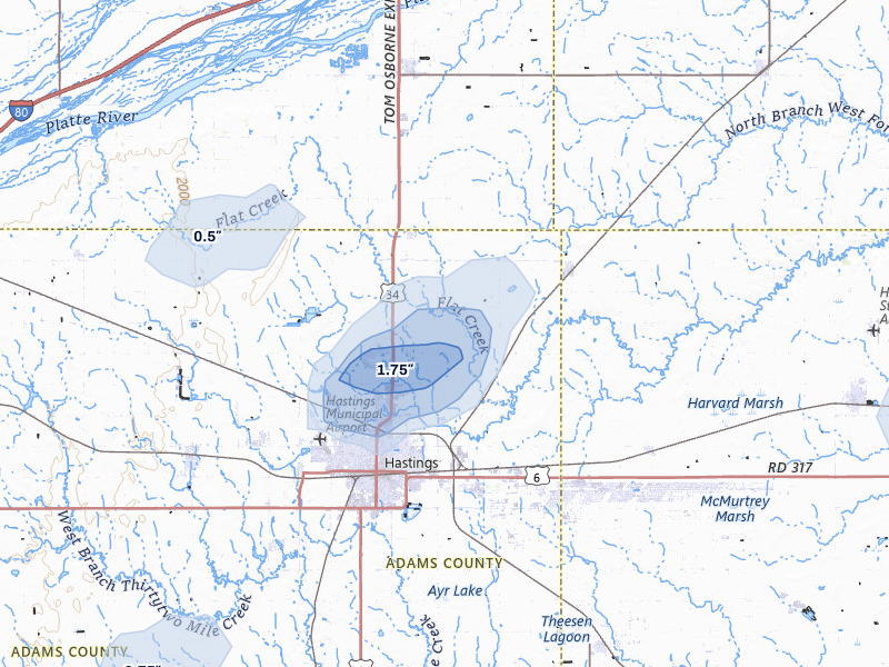 NEXRAD radar-signature map of the hail over Hastings, NE