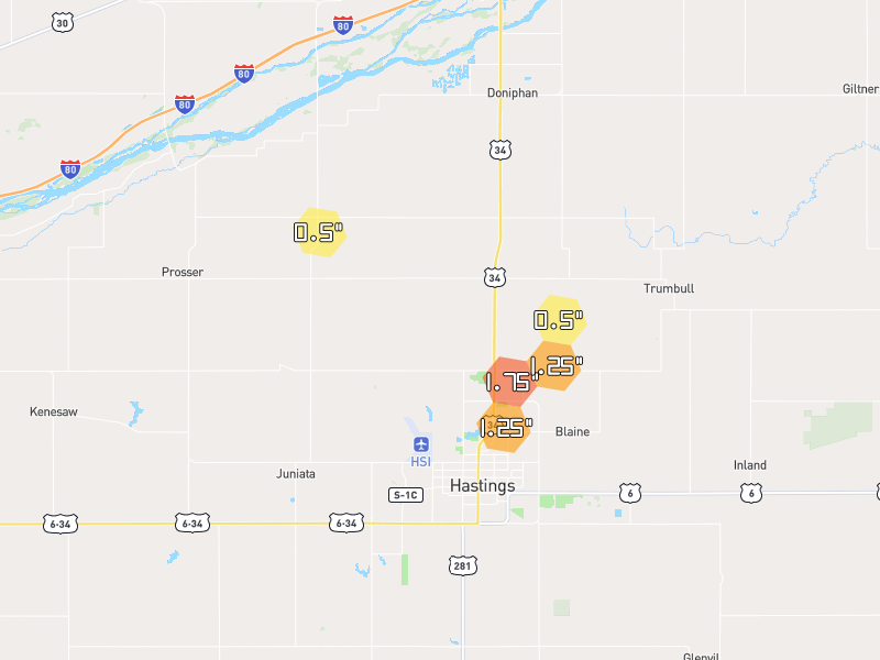 Hail map of Hastings, NE on Jul 2, 2026, hail up to 1.75"