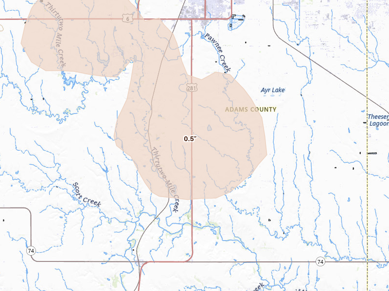 Radar-estimated hail-size map of the storm over Hastings, NE on Aug 21, 2026