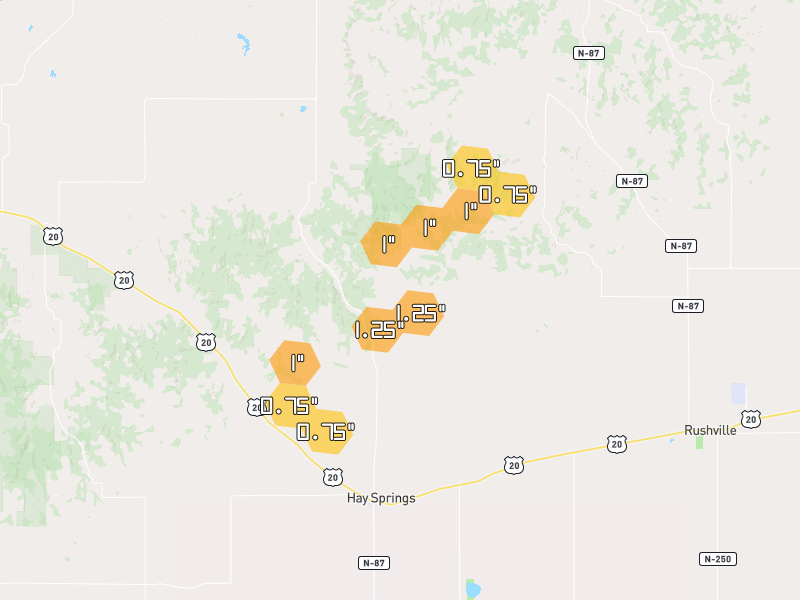 Hail map of Hay Springs, NE on Jun 3, 2026, hail up to 1.25"