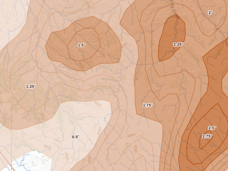 Radar-estimated hail-size map of the storm over Hay Springs, NE on Jun 28, 2026