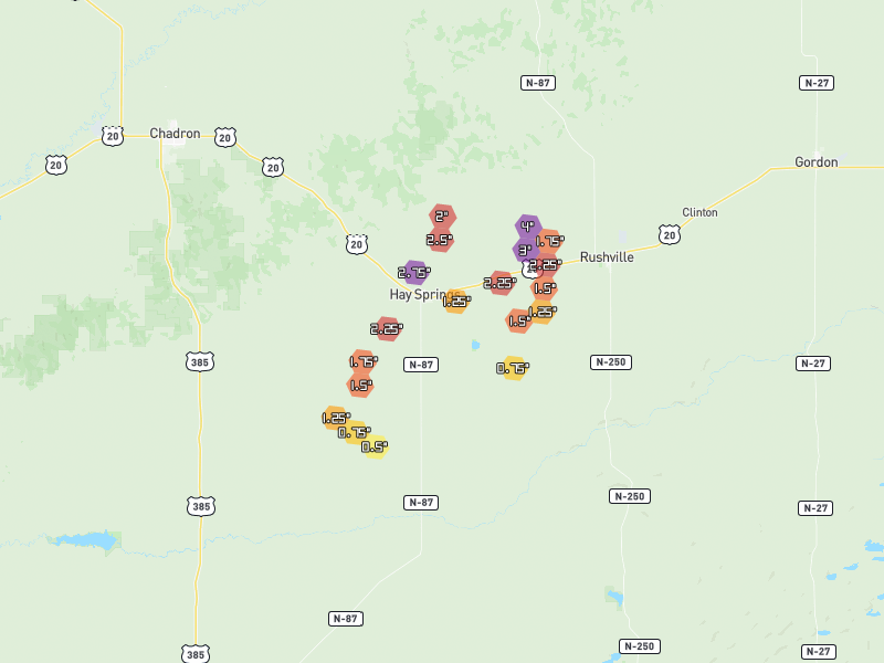 Hail map of Hay Springs, NE on Jun 29, 2026, hail up to 4"