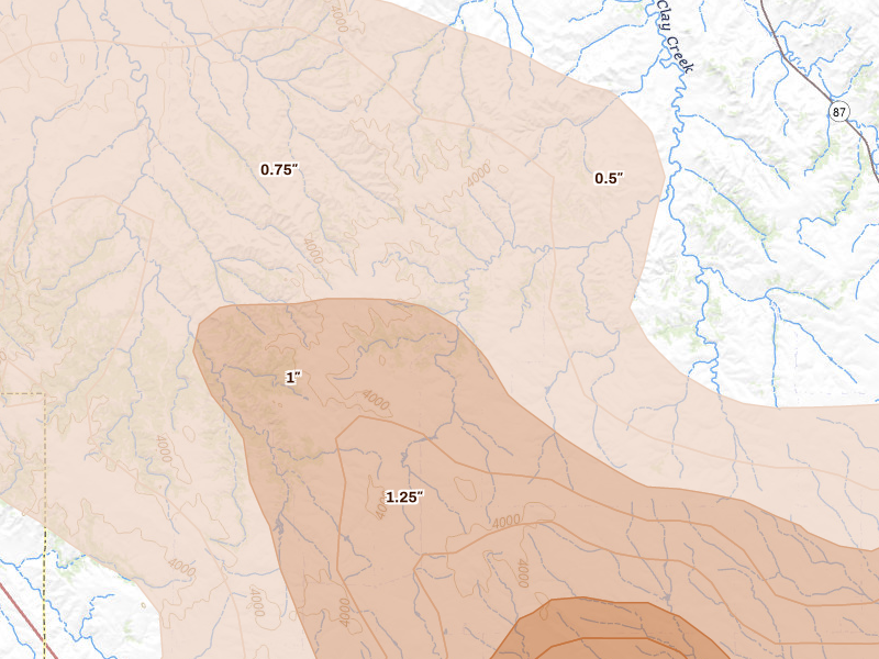 Radar-estimated hail-size map of the storm over Hay Springs, NE on Jul 3, 2026