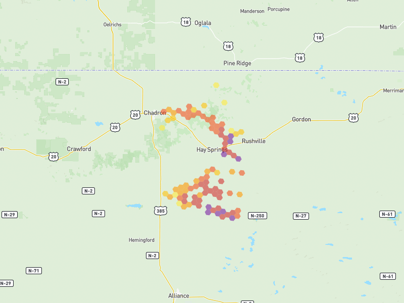 Hail map of Hay Springs, NE on Jul 3, 2026, hail up to 3.25"