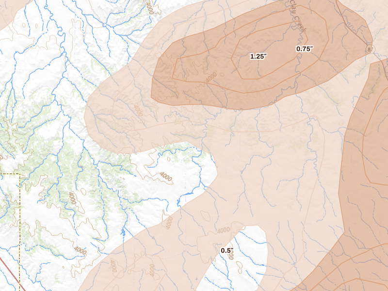 Radar-estimated hail-size map of the storm over Hay Springs, NE on Jul 7, 2026
