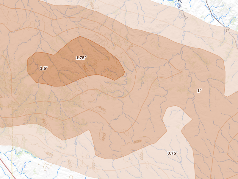 Radar-estimated hail-size map of the storm over Hay Springs, NE on Aug 12, 2026