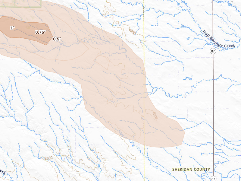 Radar-estimated hail-size map of the storm over Hay Springs, NE on Aug 17, 2026