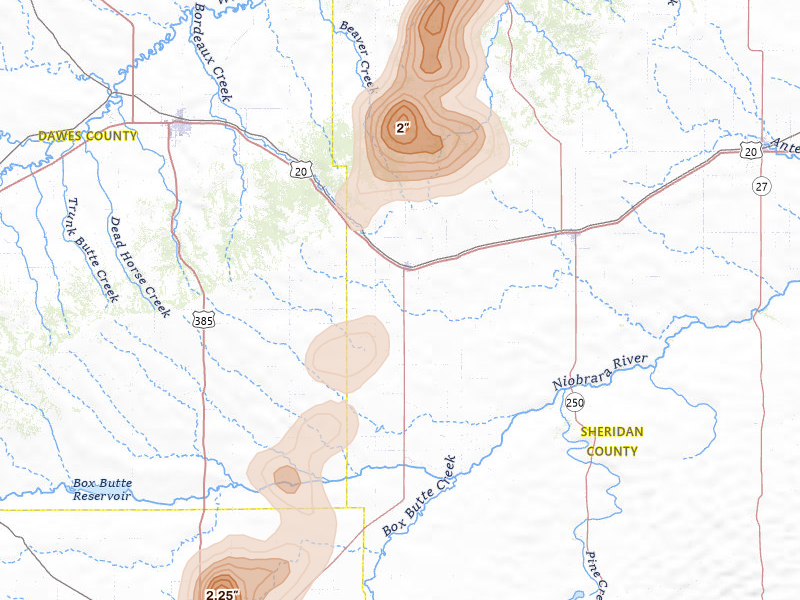 Radar-estimated hail-size map of the storm over Hay Springs, NE