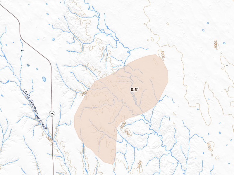 Radar-estimated hail-size map of the storm over Hayes Center, NE on Jul 2, 2026