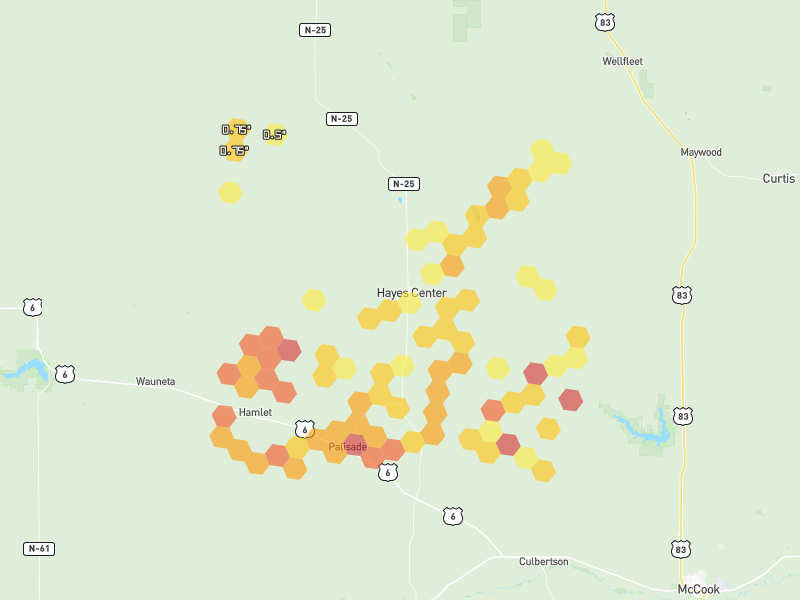Hail map of Hayes Center, NE on Jul 3, 2026, hail up to 2.25"
