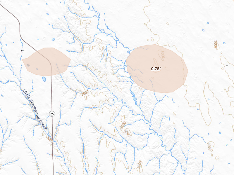 Radar-estimated hail-size map of the storm over Hayes Center, NE on Jul 22, 2026