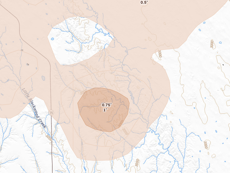 Radar-estimated hail-size map of the storm over Hayes Center, NE on Jul 27, 2026