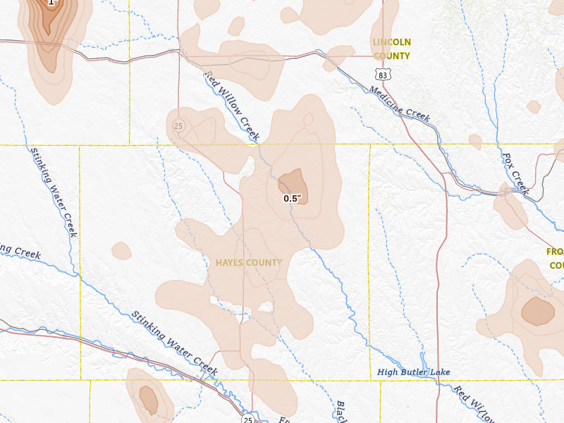 Radar-estimated hail-size map of the storm over Hayes Center, NE on Aug 27, 2026