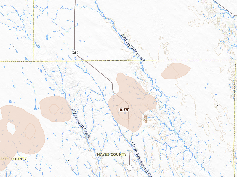 Radar-estimated hail-size map of the storm over Hayes Center, NE on Aug 29, 2026