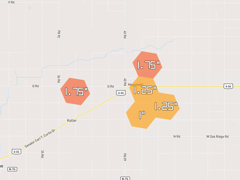 Hail map of Heartwell, NE on Jun 3, 2026, hail up to 1.75"