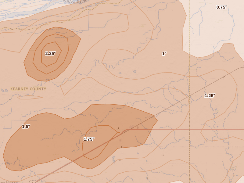Radar-estimated hail-size map of the storm over Heartwell, NE on Jun 10, 2026