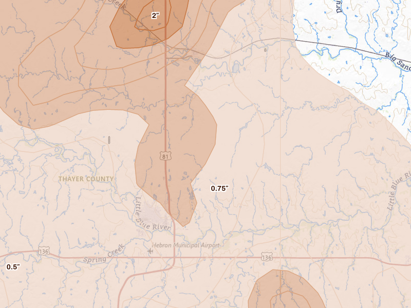 Radar-estimated hail-size map of the storm over Hebron, NE on May 16, 2026