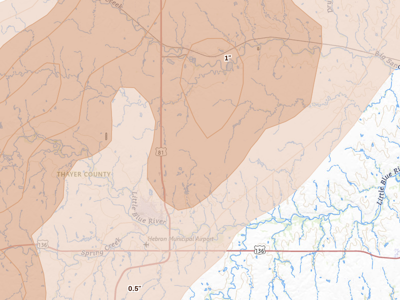 Radar-estimated hail-size map of the storm over Hebron, NE on May 17, 2026