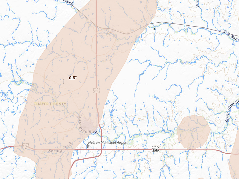 Radar-estimated hail-size map of the storm over Hebron, NE on May 18, 2026