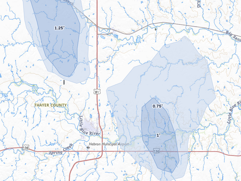 NEXRAD radar-signature map of the hail over Hebron, NE