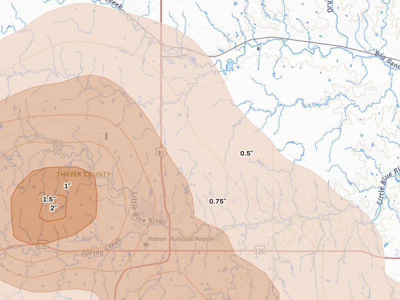 Radar-estimated hail-size map of the storm over Hebron, NE on Jul 3, 2026