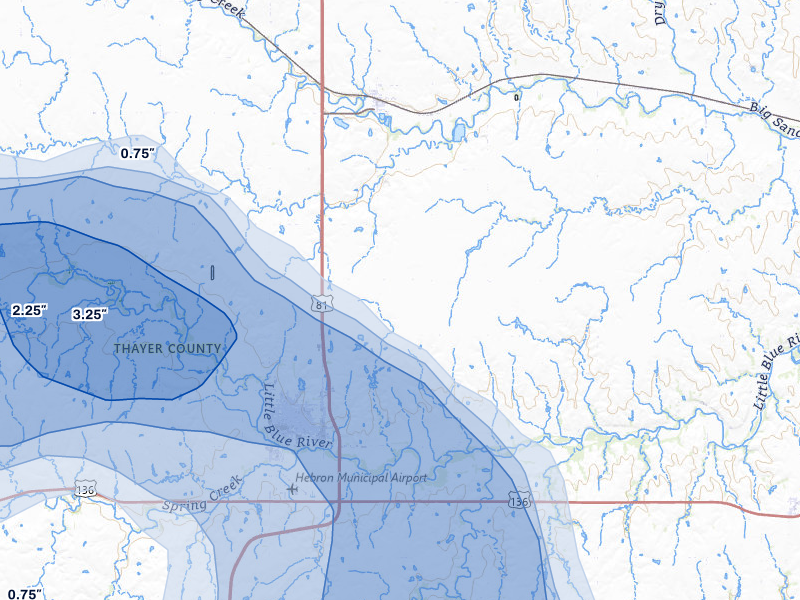NEXRAD radar-signature map of the hail storm over Hebron, NE on Jul 3, 2026