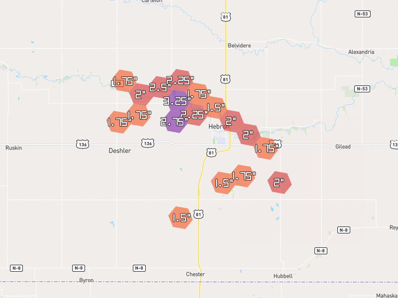 Hail map of Hebron, NE on Jul 3, 2026, hail up to 3.25"