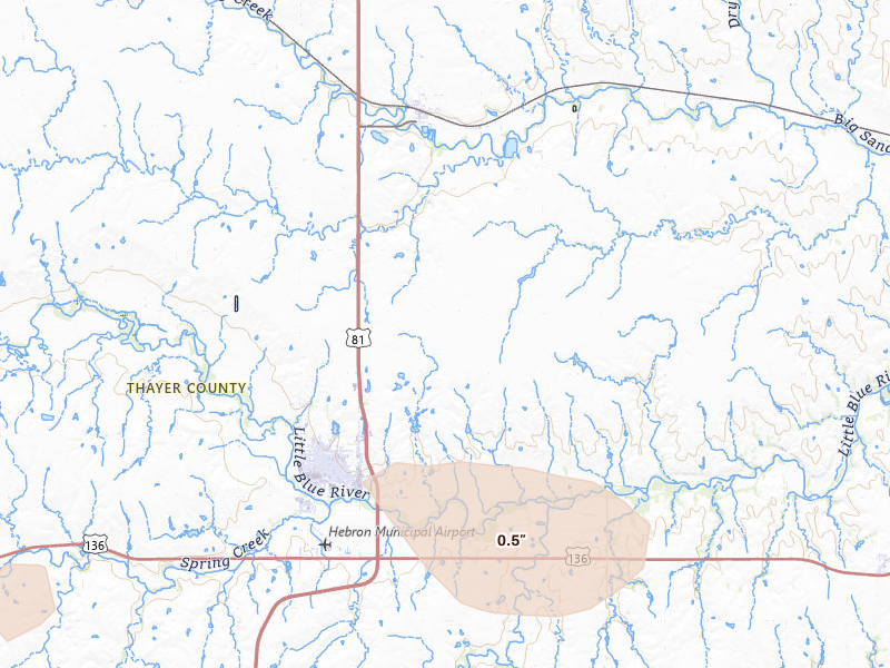 Radar-estimated hail-size map of the storm over Hebron, NE on Jul 8, 2026