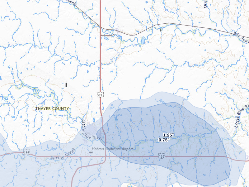 NEXRAD radar-signature map of the hail storm over Hebron, NE on Jul 8, 2026