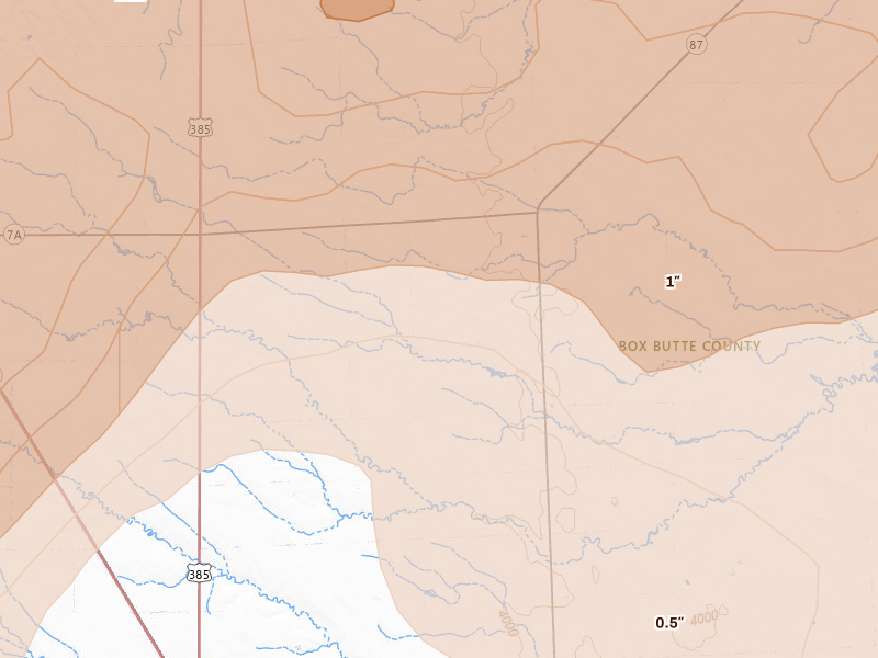 Radar-estimated hail-size map of the storm over Hemingford, NE on Jun 27, 2026