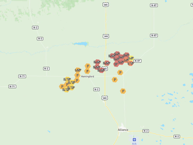 Hail map of Hemingford, NE on Jun 28, 2026, hail up to 2.5"